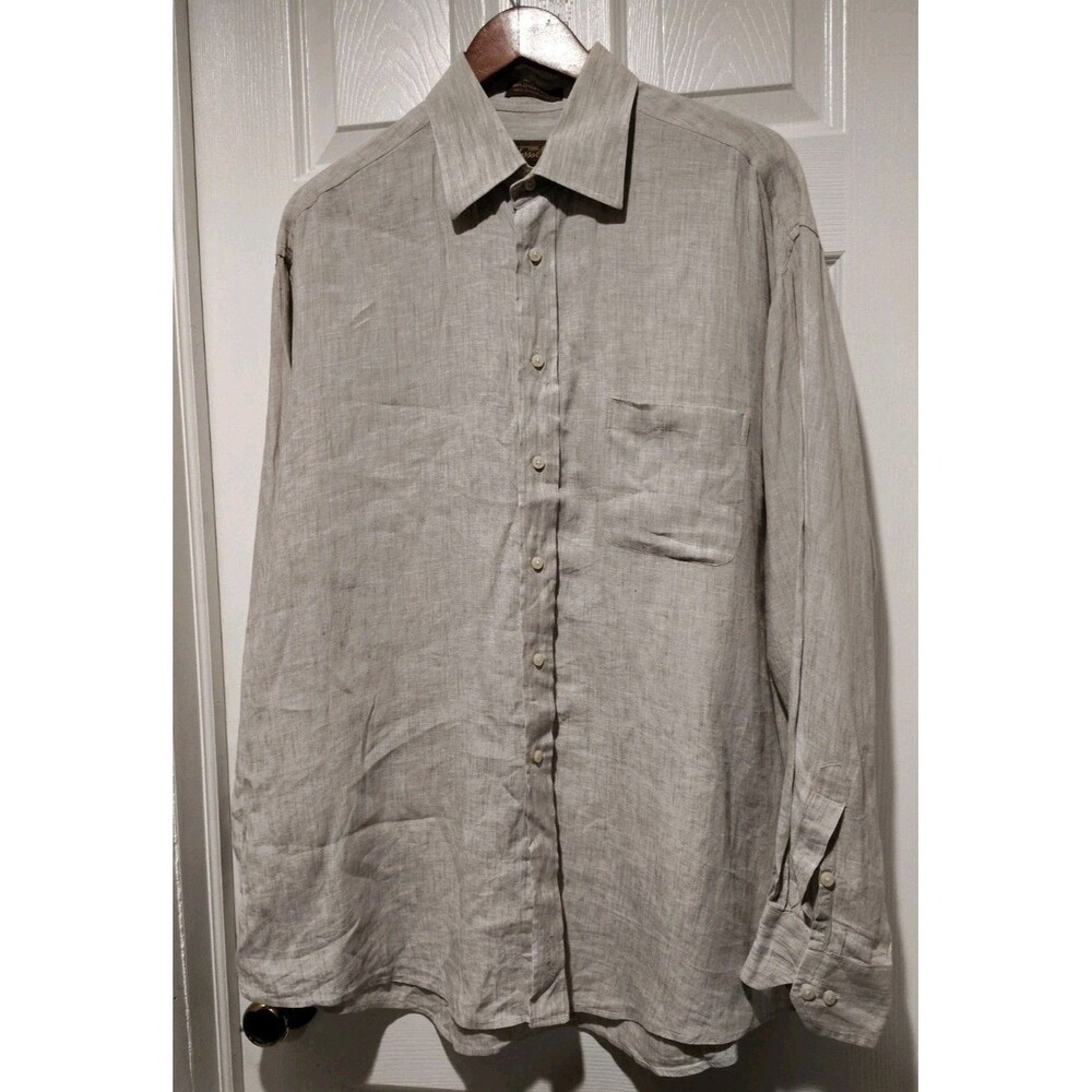 Tasso Elba Men's Luxury Linen Casual Button Up Shirt Long Sleeve Tan Size XL